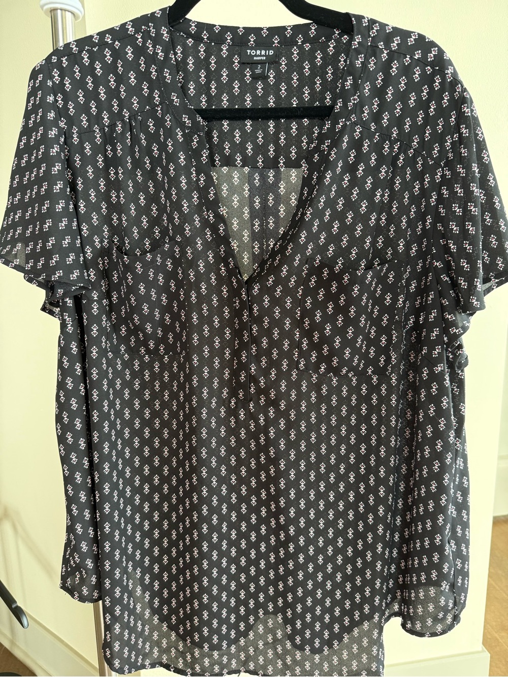 torrid Black Geometric V-Neck Flutter Sleeve Blouse Harper